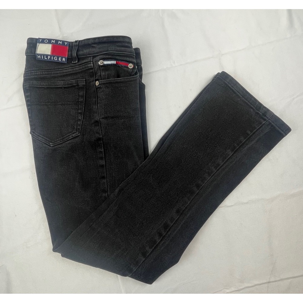 Tommy Hilfiger Jeans Black Straight Leg Denim Pants Size 26x32 Flag Logo